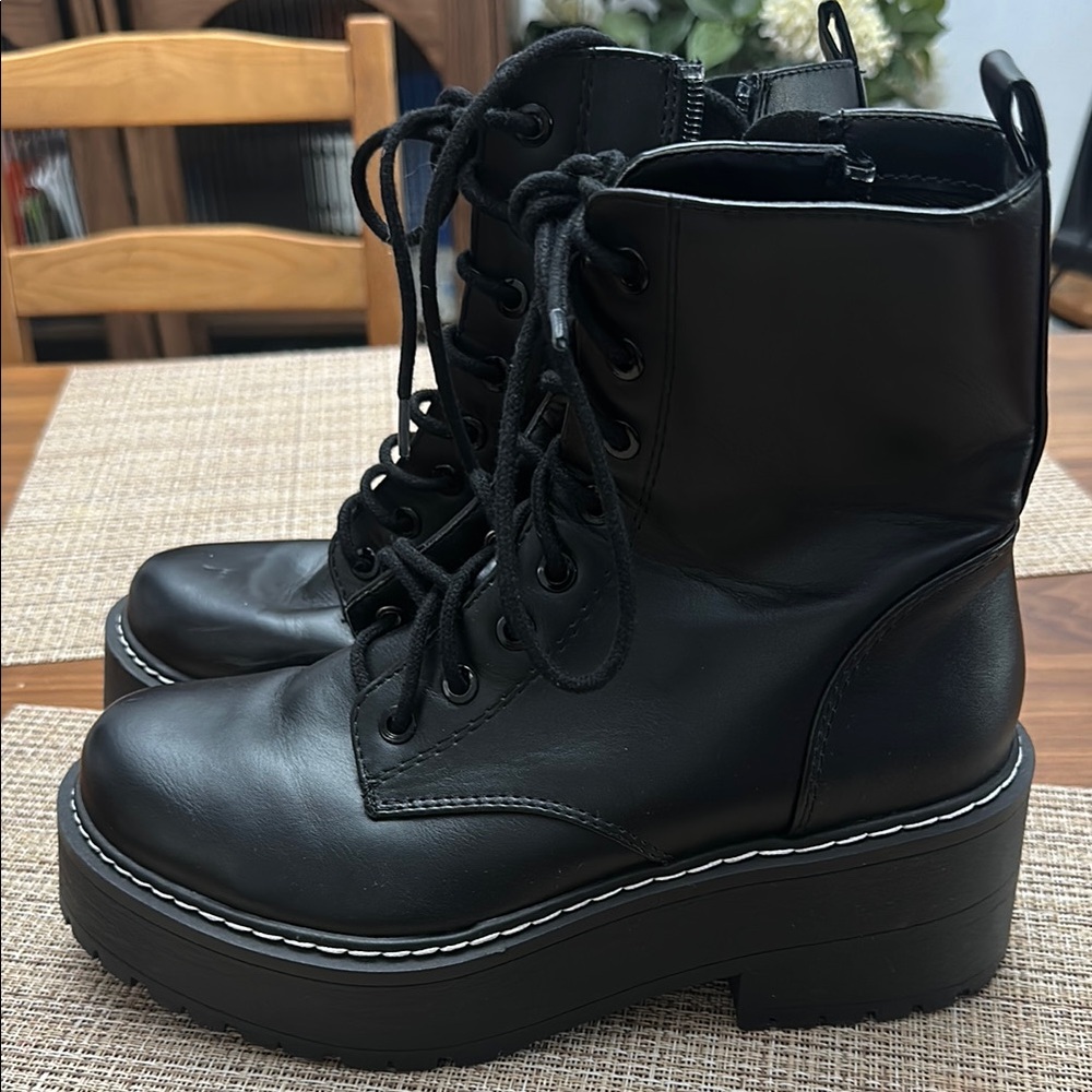Soda Black Combat Moto Boots with Chunky Platform